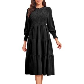 فستان BBcoch متوسط ​​الطول بأكمام طويلة: فساتين نسائية كاجوال مكشكشة مكشكشة بوهو متدرجة in Kuwait