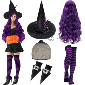 Newcotte 5 Pcs Halloween Witch Costumes for Women Include Witch Hat Dark Purple Cosplay Wig with Cap Witch Shoe Covers Striped Stockings for Adult Women Girl Cosplay Party Accessory in Saudi Arabia