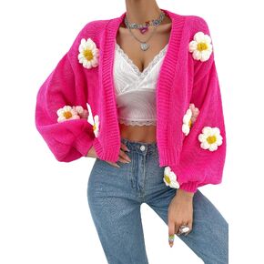 سترة صوفية نسائية من MakeMeChic بأكمام واسعة ومزينة بالزهور ومفتوحة من الأمام