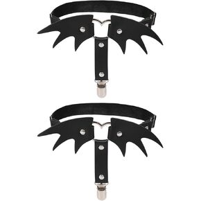 alisikee 2PCs Adjustable Bat Wing Leg Garter with Anti-Slip Clips, Elastic Thigh Garter Belt for Halloween Parties Cosplay, Black