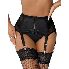 ohmydear Plus Size Garter Belt Stocking Set Mesh Suspender Belt High Waisted with 6 Straps Metal Clip (with Stocking)