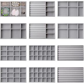 Inbagi 12 Pcs Small Velvet Jewelry Tray Stackable Jewelry Drawers Organizer Trays Insert Divided Storage Display Trays for Earring Ring Necklace Bracelet 8.3 x 5 x 1 Inches, Grey in Saudi Arabia