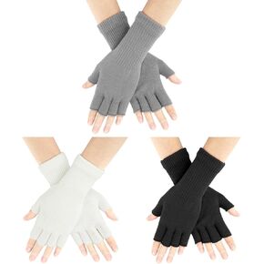 AURUZA 3 Pair Fingerless Gloves for Women Half Finger Gloves Winter Stretchy Knit Fingerless Mittens Unisex