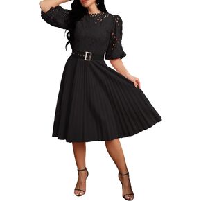 IWFEV Lace Pleated Dress Puff Sleeve Mid-Calf Short Sleeve Midi Dress Hollow Party Evening Dress in Saudi Arabia