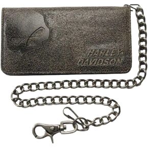 Harley-Davidson Men's Burnished Bi-Fold Skull Biker Chain Wallet BM2616L-TanBlk in Saudi Arabia