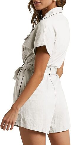 MIRACMODA بدلة لعب نسائية قصيرة الأكمام مخيطة بأكمام وياقة وحزام وجيوب وأزرار لأعلى ثوب فضفاض من القطن in Kuwait