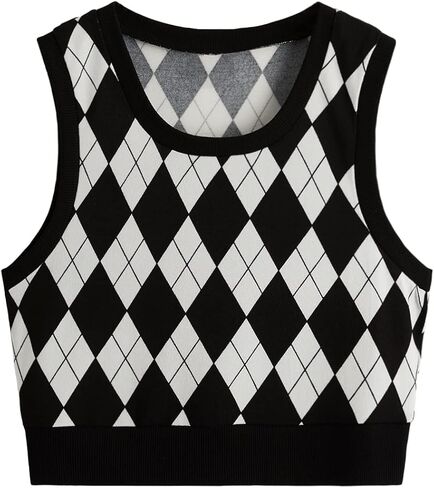 سترة بدون أكمام للسيدات من Verdusa برقبة دائرية منقوشة ومطبوعة على شكل أرجيل، أسود وأبيض XS in Kuwait