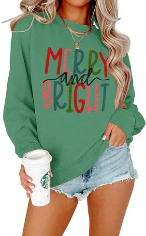 IZYJOY عيد الميلاد البلوز للنساء مرح ومشرق الرسم كنزة بمقاس كبير Crewneck كم طويل عطلة البلوز in Kuwait