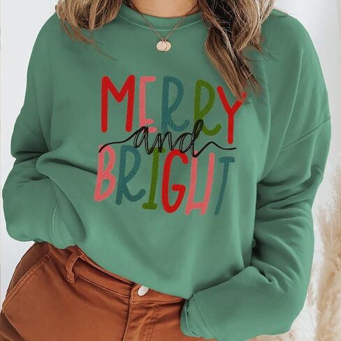 IZYJOY عيد الميلاد البلوز للنساء مرح ومشرق الرسم كنزة بمقاس كبير Crewneck كم طويل عطلة البلوز in Kuwait