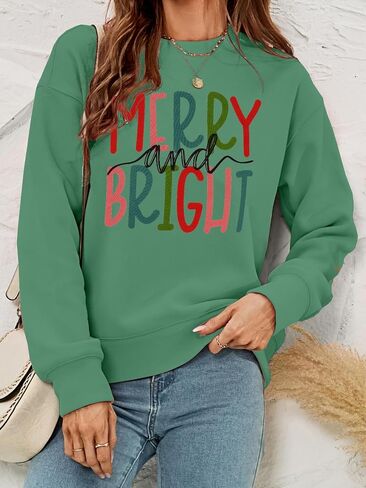 IZYJOY عيد الميلاد البلوز للنساء مرح ومشرق الرسم كنزة بمقاس كبير Crewneck كم طويل عطلة البلوز in Kuwait