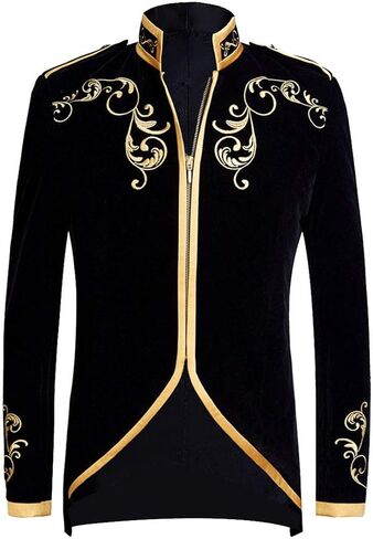 PYJTRL Mens Stylish Court Prince Black Velvet Gold Embroidery Blazer Suit Jacket in Kuwait