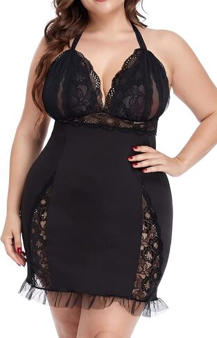 Plus Size Lingerie for Women Black Halter Straps Chemise Lace Trim Babydoll Sleepwear L-4XL(A2102-Black-L） in Saudi Arabia