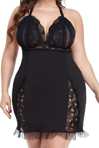 Plus Size Lingerie for Women Black Halter Straps Chemise Lace Trim Babydoll Sleepwear L-4XL(A2102-Black-L） in Saudi Arabia