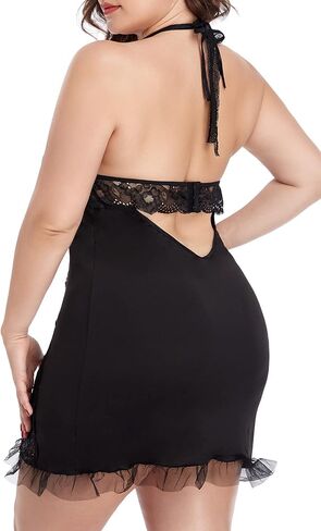 Plus Size Lingerie for Women Black Halter Straps Chemise Lace Trim Babydoll Sleepwear L-4XL(A2102-Black-L） in Saudi Arabia