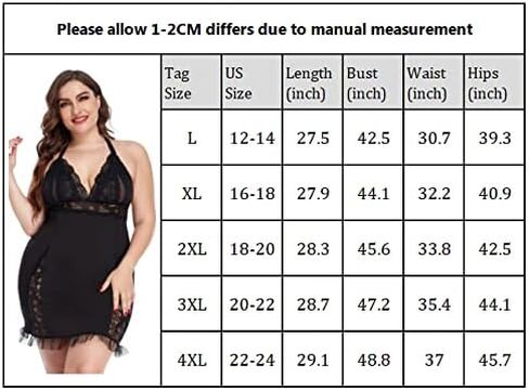 Plus Size Lingerie for Women Black Halter Straps Chemise Lace Trim Babydoll Sleepwear L-4XL(A2102-Black-L） in Saudi Arabia