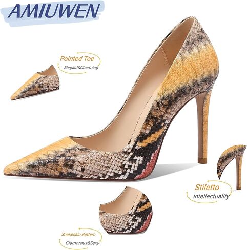 حذاء نسائي من amiuwen، جلد الثعبان المثير، كعب عالٍ 3.94 بوصة، مقدمة مدببة مغلقة، حذاء رسمي لحفلات الزفاف والمكتب in Kuwait