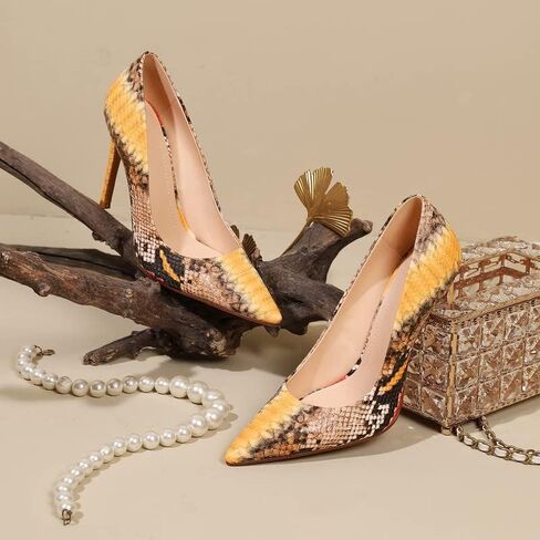 حذاء نسائي من amiuwen، جلد الثعبان المثير، كعب عالٍ 3.94 بوصة، مقدمة مدببة مغلقة، حذاء رسمي لحفلات الزفاف والمكتب in Kuwait