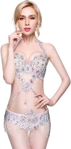 ROYAL SMEELA Belly Dance Costume for Women Tribal Belly Dance Bra and Belt Set Rhinestone Bra Top Sequin Belt Carnival Outfit in Kuwait