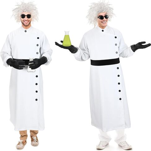 Jiuguva 9 Pcs Halloween Mad Scientist Costume for Adult Men including Coat Belt Beaker Gloves Goggles Wig Mustache Eyebrows(Stylish Style, Large) in Saudi Arabia