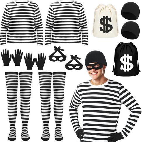 طقم زي تنكري للهالوين 16 قطعة باللون الأبيض والأسود مخطط تي شيرت قماش حقيبة قفازات العين رقعة قبعة صغيرة إكسسوارات اللص لبنك عيد القديسين للصوص الشرطي in Kuwait