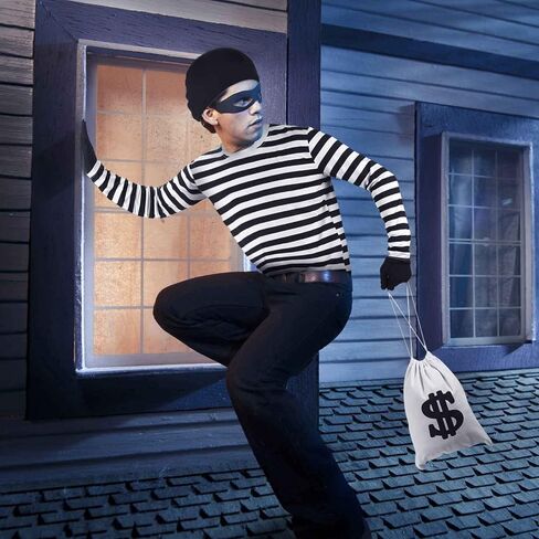 طقم زي تنكري للهالوين 16 قطعة باللون الأبيض والأسود مخطط تي شيرت قماش حقيبة قفازات العين رقعة قبعة صغيرة إكسسوارات اللص لبنك عيد القديسين للصوص الشرطي in Kuwait