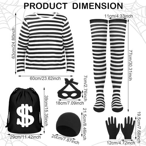 طقم زي تنكري للهالوين 16 قطعة باللون الأبيض والأسود مخطط تي شيرت قماش حقيبة قفازات العين رقعة قبعة صغيرة إكسسوارات اللص لبنك عيد القديسين للصوص الشرطي in Kuwait