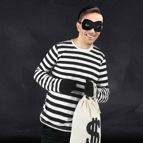 طقم زي تنكري للهالوين 16 قطعة باللون الأبيض والأسود مخطط تي شيرت قماش حقيبة قفازات العين رقعة قبعة صغيرة إكسسوارات اللص لبنك عيد القديسين للصوص الشرطي in Kuwait