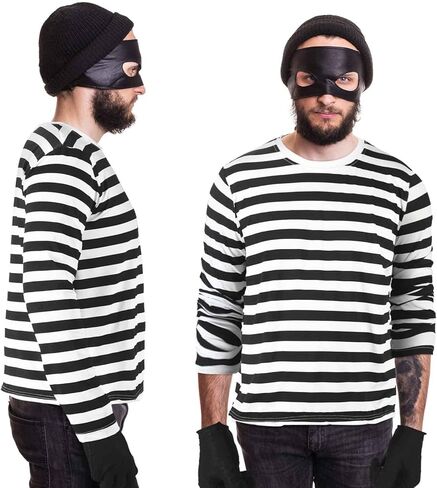 طقم زي تنكري للهالوين 16 قطعة باللون الأبيض والأسود مخطط تي شيرت قماش حقيبة قفازات العين رقعة قبعة صغيرة إكسسوارات اللص لبنك عيد القديسين للصوص الشرطي in Kuwait