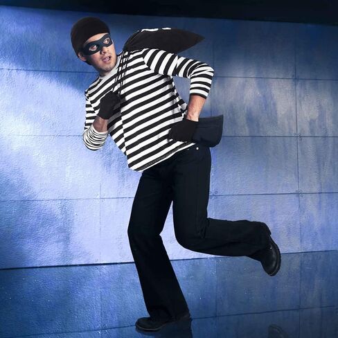 طقم زي تنكري للهالوين 16 قطعة باللون الأبيض والأسود مخطط تي شيرت قماش حقيبة قفازات العين رقعة قبعة صغيرة إكسسوارات اللص لبنك عيد القديسين للصوص الشرطي in Kuwait