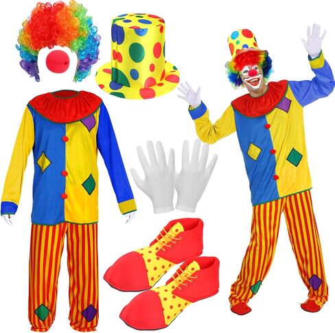 Funtery 7 Pcs Halloween Clown Costume Set Includes Clown Costume Red Nose, Shoes, Hat, Clown Wig, Gloves for Cosplay in Saudi Arabia