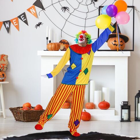 Funtery 7 Pcs Halloween Clown Costume Set Includes Clown Costume Red Nose, Shoes, Hat, Clown Wig, Gloves for Cosplay in Saudi Arabia