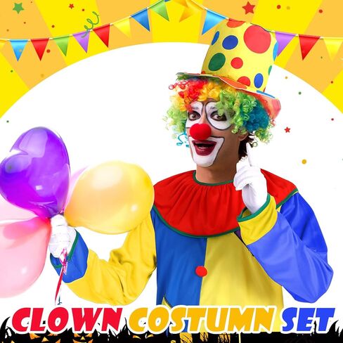 Funtery 7 Pcs Halloween Clown Costume Set Includes Clown Costume Red Nose, Shoes, Hat, Clown Wig, Gloves for Cosplay in Saudi Arabia