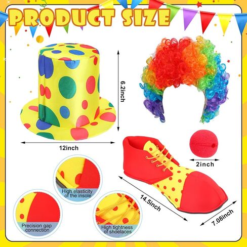 Funtery 7 Pcs Halloween Clown Costume Set Includes Clown Costume Red Nose, Shoes, Hat, Clown Wig, Gloves for Cosplay in Saudi Arabia