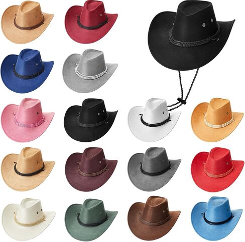 Henoyso 16 Pcs Western Cowboy Hat Faux Felt Leather Wide Brim Hat Classic Outdoor Travel Cap with Strap for Halloween Adult Men Women Cowgirl Costume, 16 Colors in Saudi Arabia