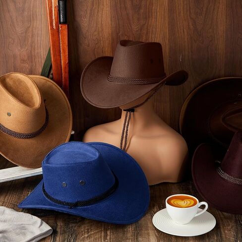 Henoyso 16 Pcs Western Cowboy Hat Faux Felt Leather Wide Brim Hat Classic Outdoor Travel Cap with Strap for Halloween Adult Men Women Cowgirl Costume, 16 Colors in Saudi Arabia