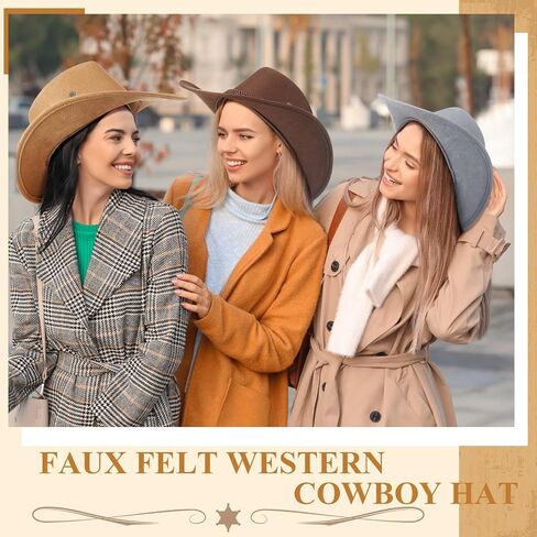 Henoyso 16 Pcs Western Cowboy Hat Faux Felt Leather Wide Brim Hat Classic Outdoor Travel Cap with Strap for Halloween Adult Men Women Cowgirl Costume, 16 Colors in Saudi Arabia