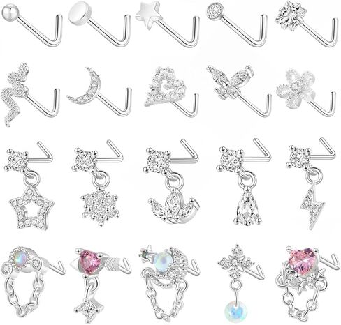 Svovin 20 Pcs 20G Dangle Nose Rings Studs for Women Stainless Steel L Shaped Nose Studs Heart Arrow Feather Snowflake Wing CZ Dangling Nose Piercing Jewelry in Kuwait