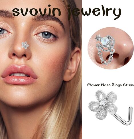 Svovin 20 Pcs 20G Dangle Nose Rings Studs for Women Stainless Steel L Shaped Nose Studs Heart Arrow Feather Snowflake Wing CZ Dangling Nose Piercing Jewelry in Kuwait