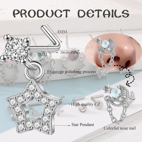 Svovin 20 Pcs 20G Dangle Nose Rings Studs for Women Stainless Steel L Shaped Nose Studs Heart Arrow Feather Snowflake Wing CZ Dangling Nose Piercing Jewelry in Kuwait