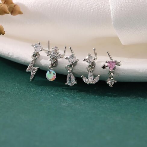 Svovin 20 Pcs 20G Dangle Nose Rings Studs for Women Stainless Steel L Shaped Nose Studs Heart Arrow Feather Snowflake Wing CZ Dangling Nose Piercing Jewelry in Kuwait