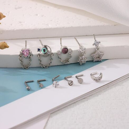 Svovin 20 Pcs 20G Dangle Nose Rings Studs for Women Stainless Steel L Shaped Nose Studs Heart Arrow Feather Snowflake Wing CZ Dangling Nose Piercing Jewelry in Kuwait