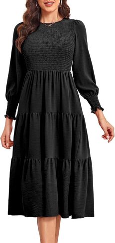 فستان BBcoch متوسط ​​الطول بأكمام طويلة: فساتين نسائية كاجوال مكشكشة مكشكشة بوهو متدرجة in Kuwait