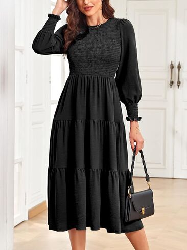 فستان BBcoch متوسط ​​الطول بأكمام طويلة: فساتين نسائية كاجوال مكشكشة مكشكشة بوهو متدرجة in Kuwait