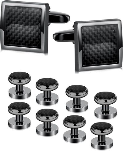 Ofeiyaa 10Pcs Cufflinks for Men Classic Design Carbon Fiber Cufflinks Tuxedo Shirt Stud Set for Wedding Business Birthday Meeting Black Tone Cufflinks in Kuwait
