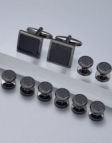 Ofeiyaa 10Pcs Cufflinks for Men Classic Design Carbon Fiber Cufflinks Tuxedo Shirt Stud Set for Wedding Business Birthday Meeting Black Tone Cufflinks in Kuwait