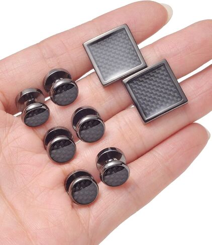 Ofeiyaa 10Pcs Cufflinks for Men Classic Design Carbon Fiber Cufflinks Tuxedo Shirt Stud Set for Wedding Business Birthday Meeting Black Tone Cufflinks in Kuwait