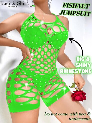 Kaei&Shi Rhinestone Fishnet Sparkly Bodysuit, Rave Outfits, Halter Lingerie in Kuwait
