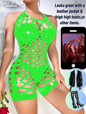 Kaei&Shi Rhinestone Fishnet Sparkly Bodysuit, Rave Outfits, Halter Lingerie in Kuwait