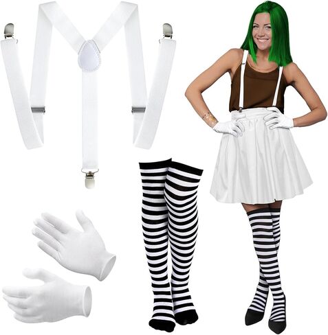 Jiuguva 3 Pcs Halloween Women Chocolate Worker Costume Set Adjustable Elastic Suspenders Braces Striped Thigh High Socks and Parade Costume Gloves for Costume Party Adults in Saudi Arabia