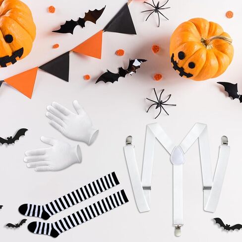 Jiuguva 3 Pcs Halloween Women Chocolate Worker Costume Set Adjustable Elastic Suspenders Braces Striped Thigh High Socks and Parade Costume Gloves for Costume Party Adults in Saudi Arabia